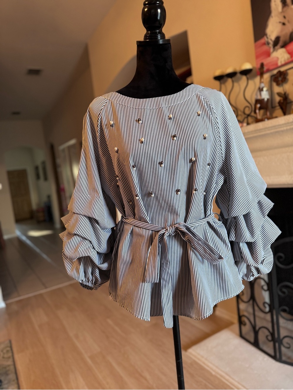 Pearl-Embellished Black & White Striped Tie-Waist Blouse